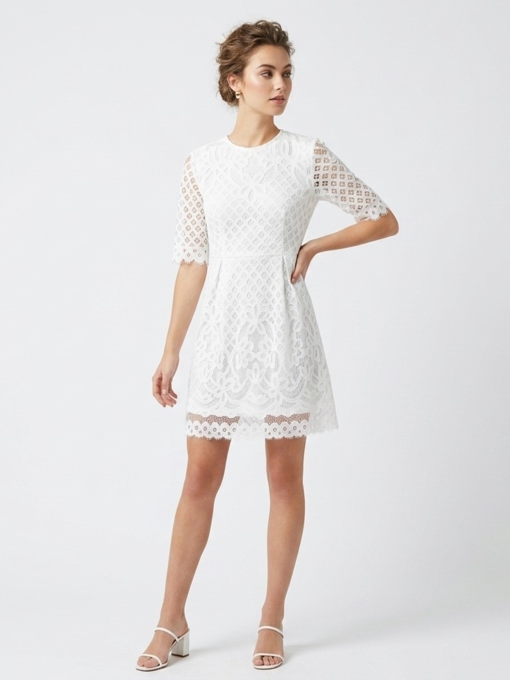 Impressions Boutique White Lace Mini Dress Half Sleeve Scallop Hem Size Small